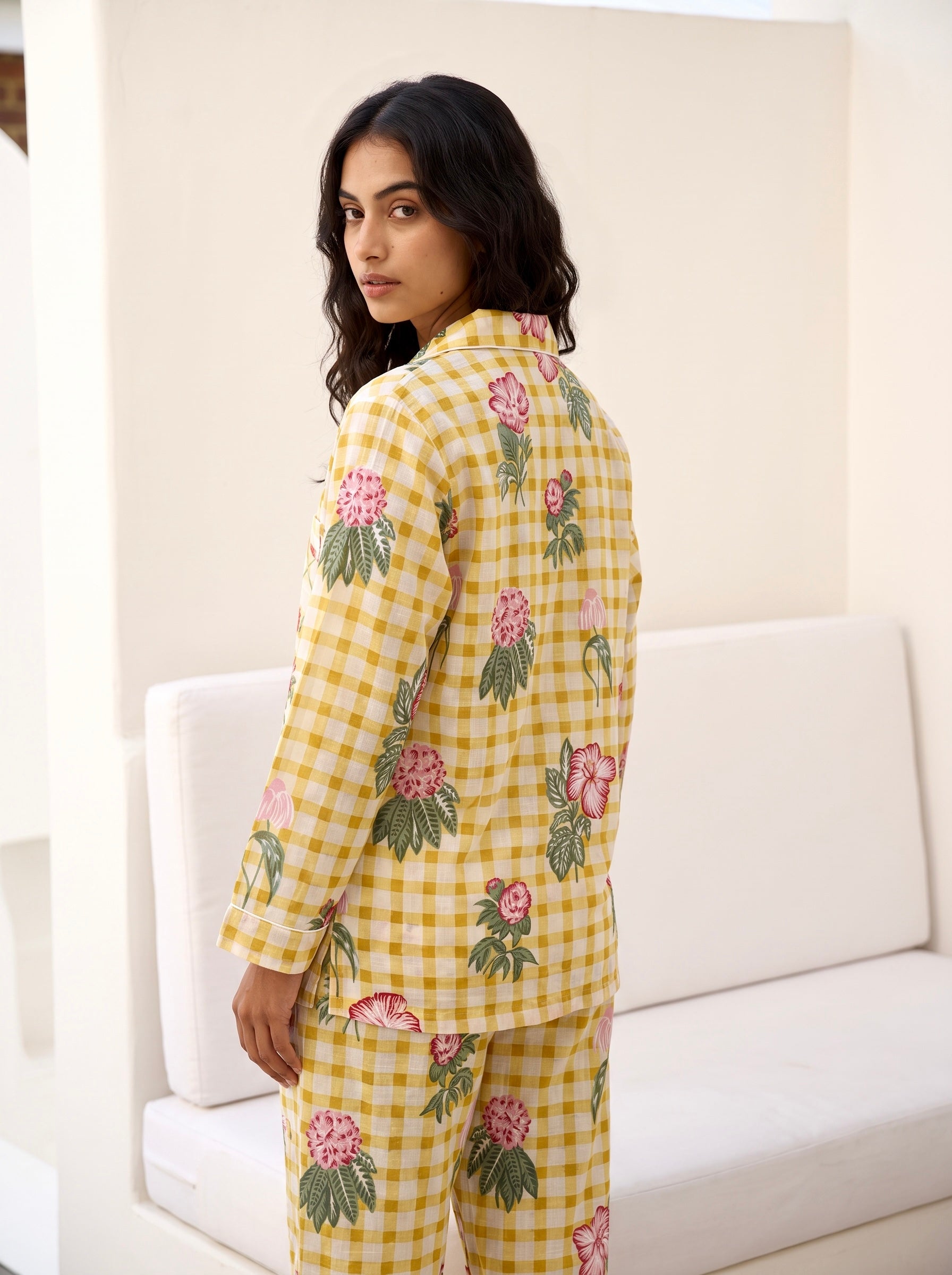 Yellow Floral Gingham Pajama Set