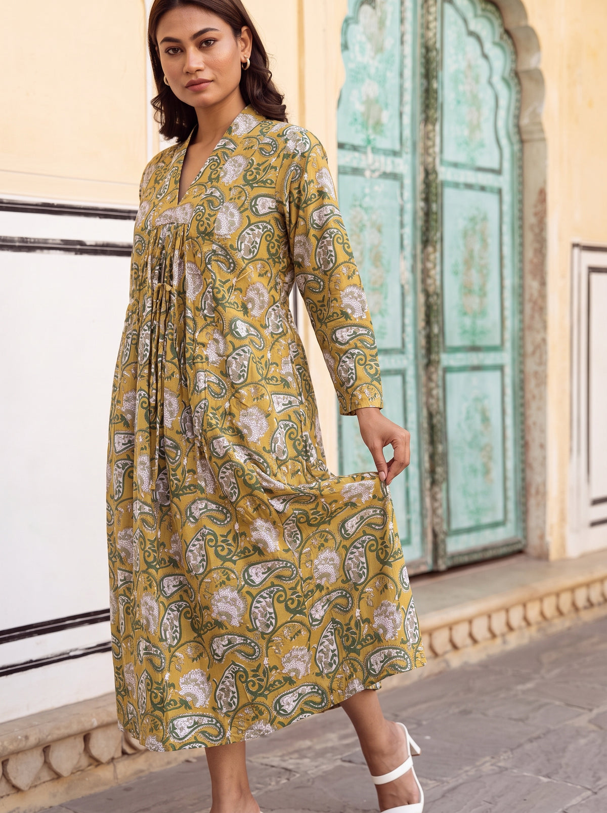 Mustard Paisley Flare Midi Dress