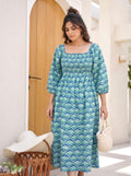 Teal Lotus Smocked Midi Dress