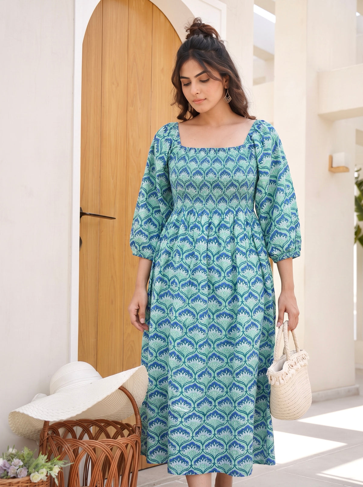 Teal Lotus Smocked Midi Dress