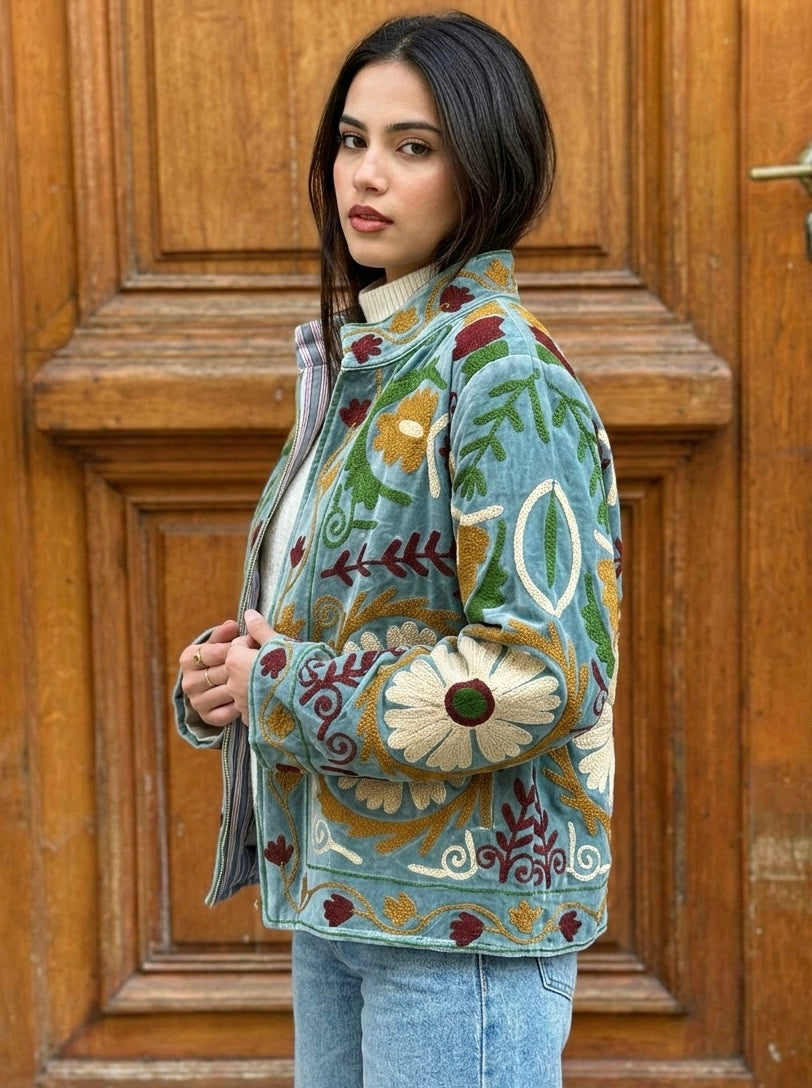 Sea Green Velvet Floral Embroidered Statement Jacket