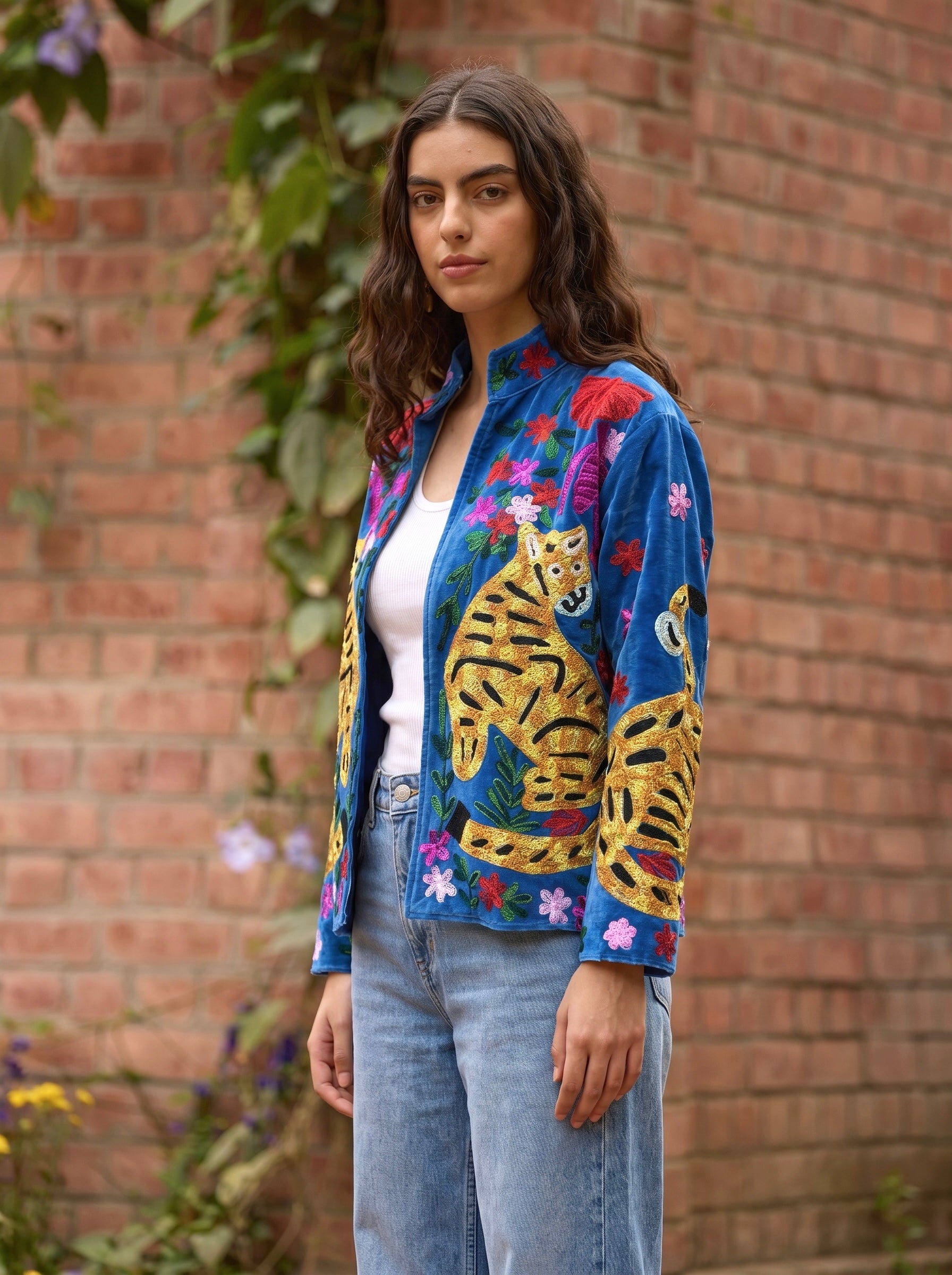 Blue Tiger Garden Embroidered Statement Jacket