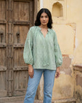 Green Striped Cotton Top with Balloon Sleeves