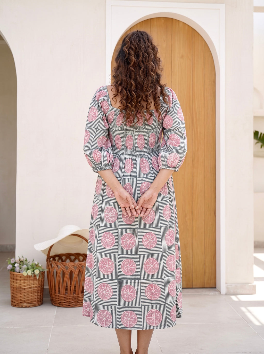 Lemon Blush Smocked Midi Dress