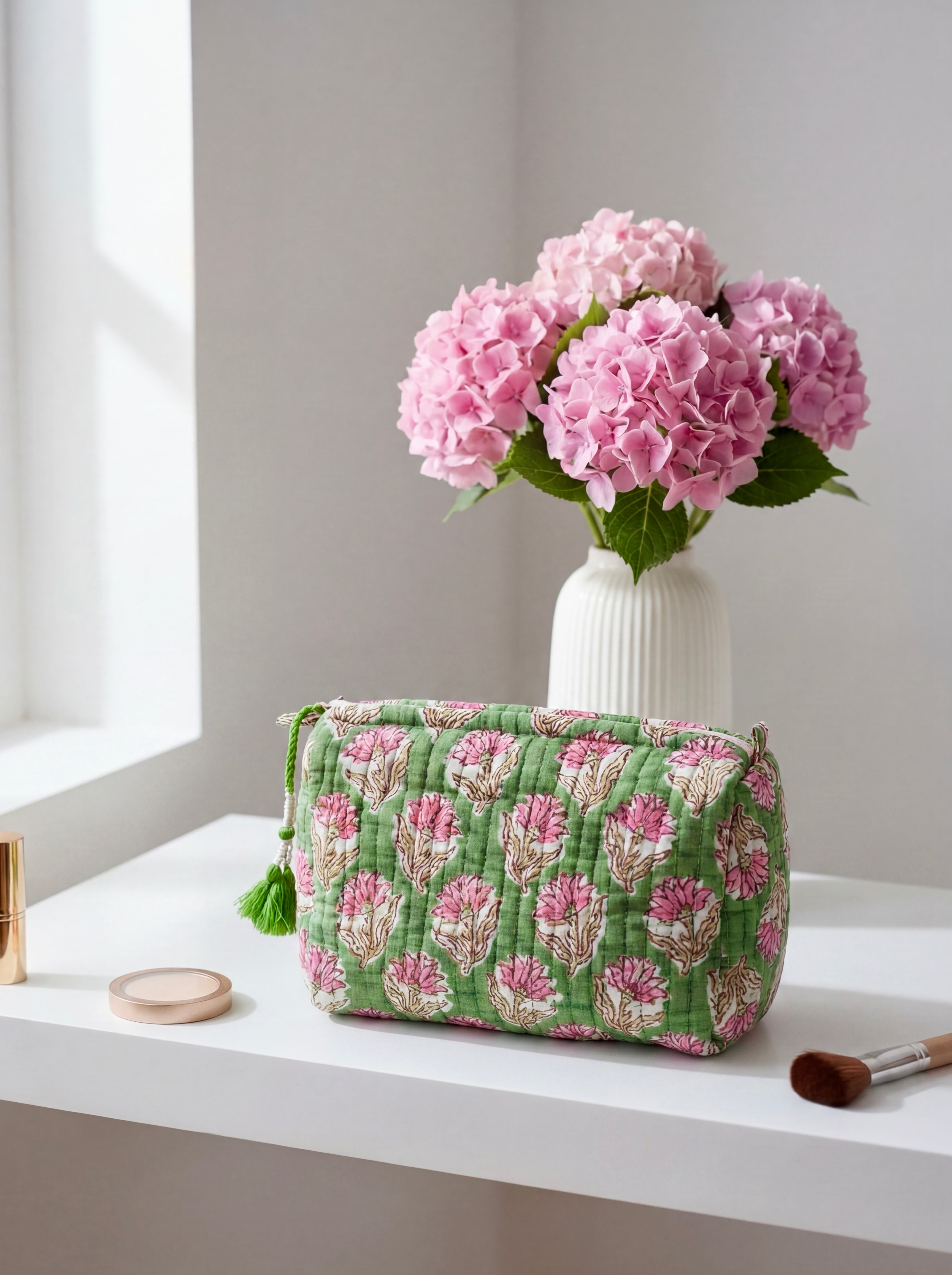 Sage Blossom Quilted Pouch Set (Set of 3)