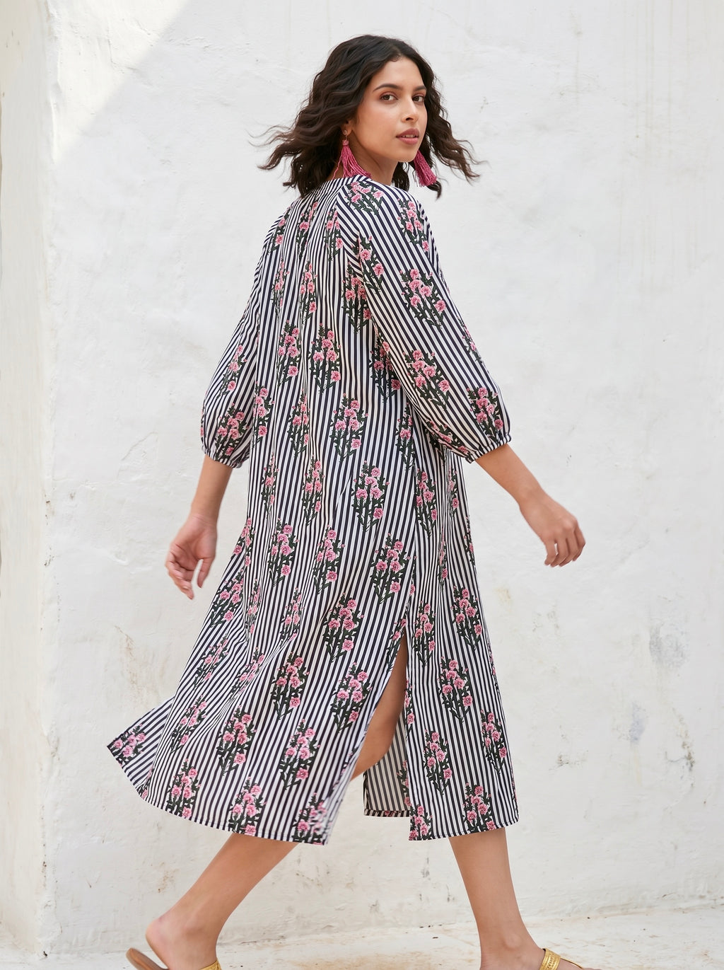 Midnight Blossom Stripe Cotton Dress