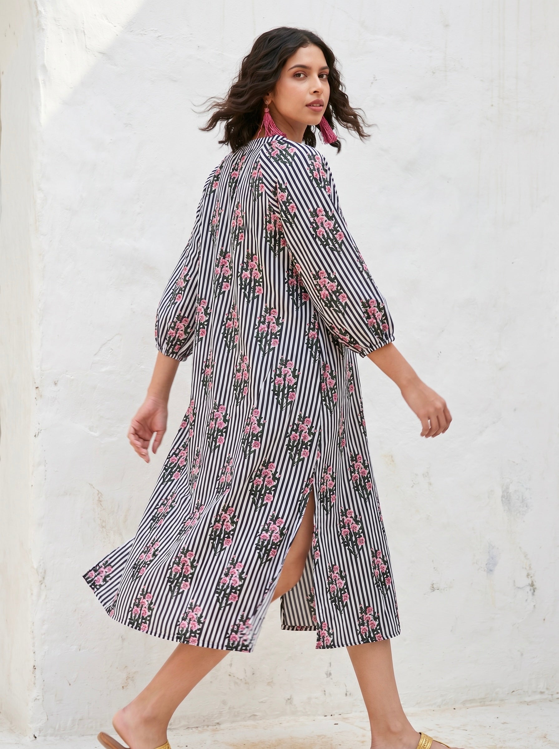 Midnight Blossom Stripe Cotton Dress
