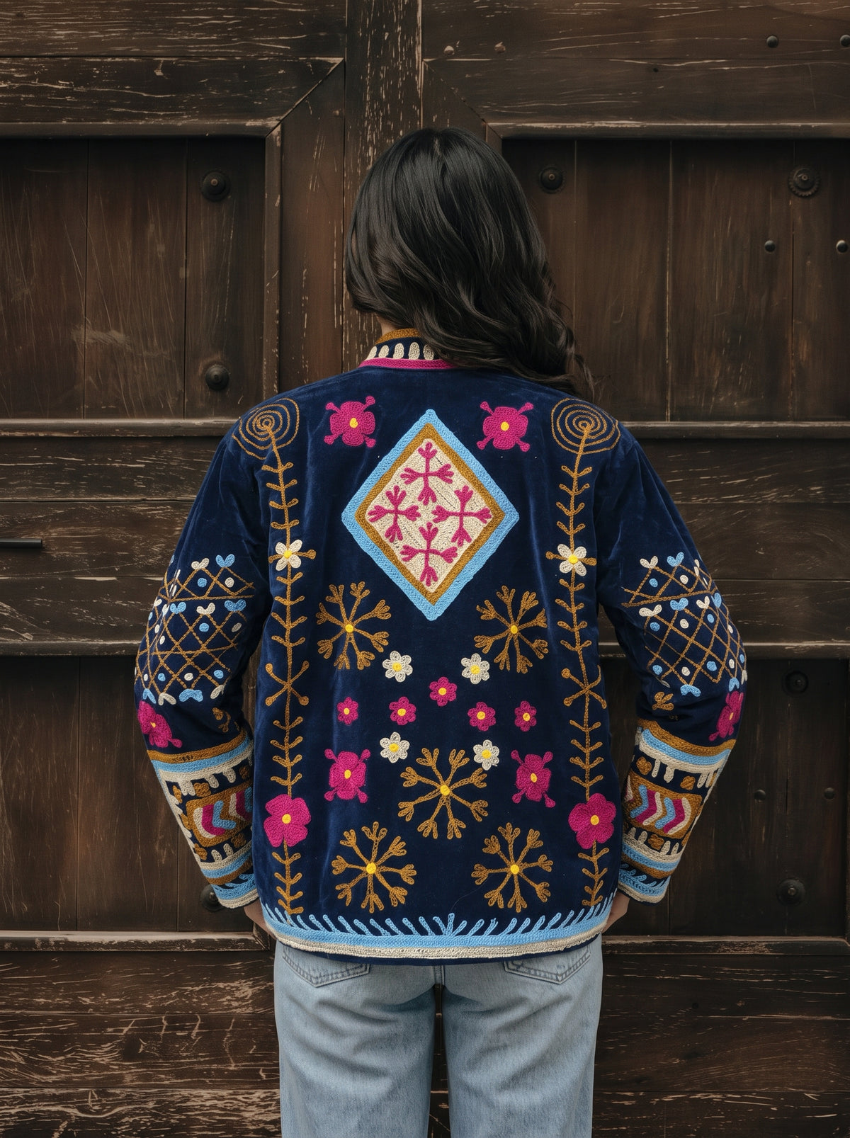 Navy Floral Embroidered Velvet Suzani Jacket