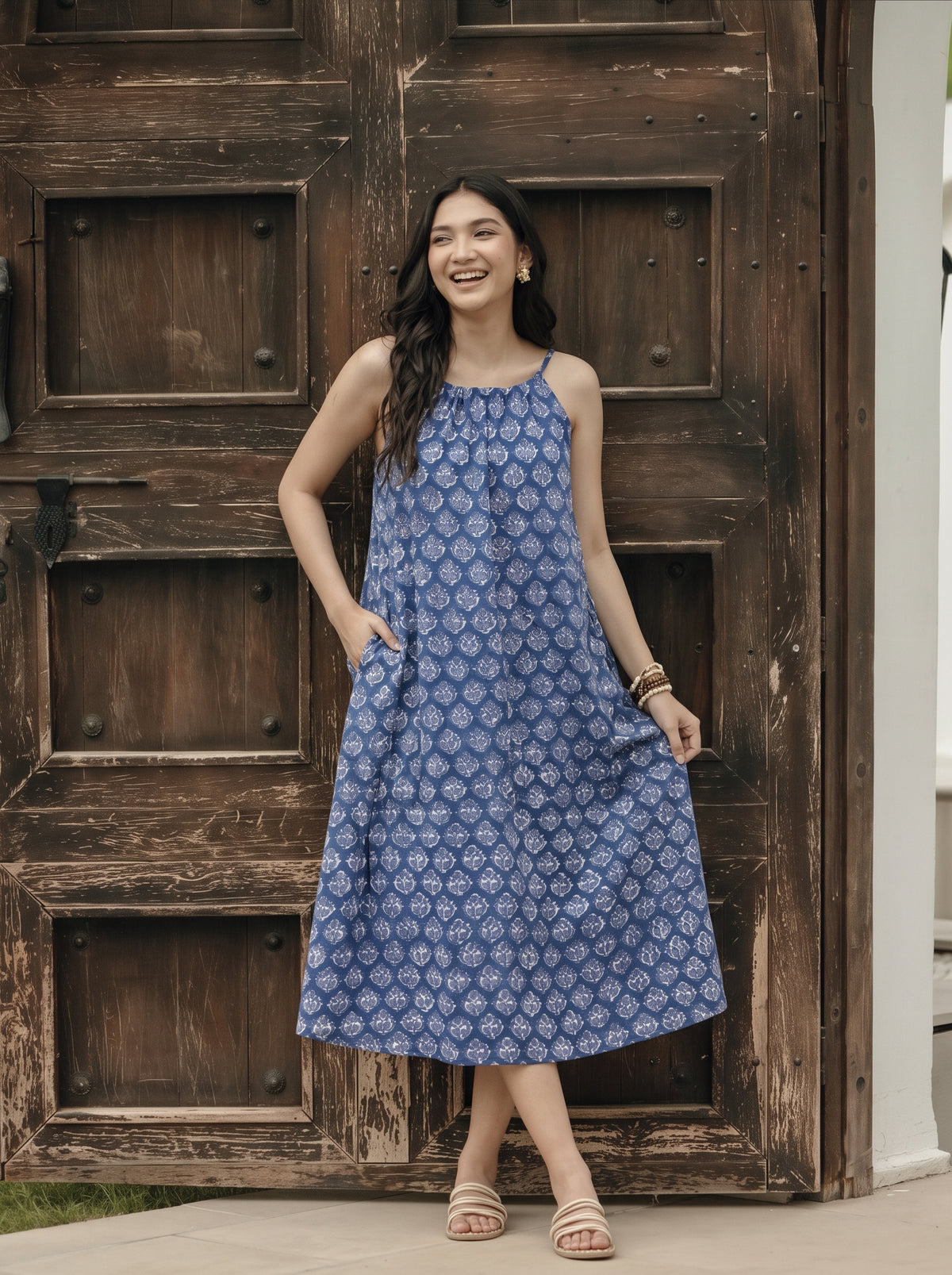 Indigo Floral Cotton Midi Halter Dress
