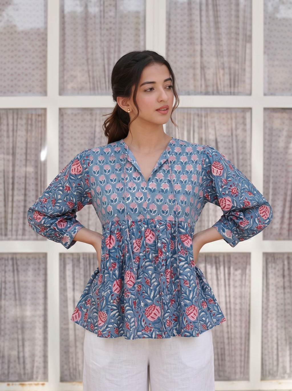 Blue Bloom Handblock Peplum Top