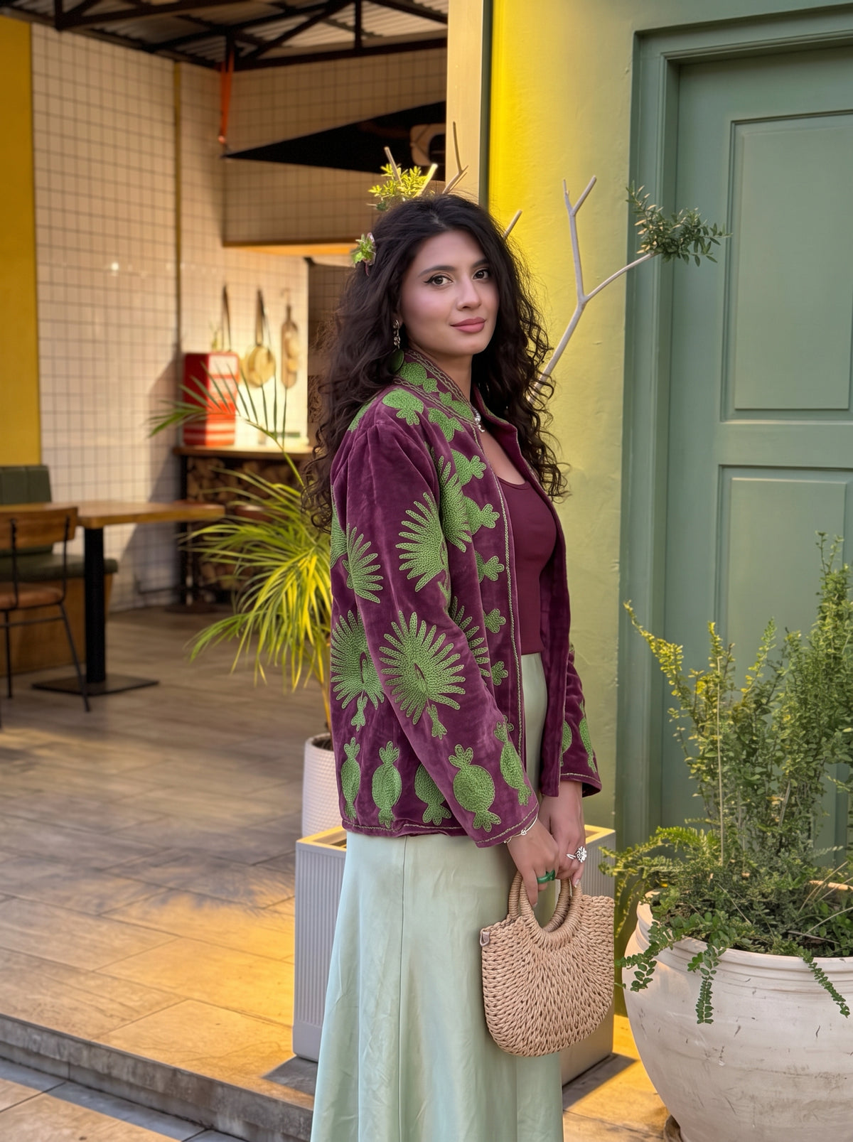 Burgundy Candy Embroidered Velvet Suzani Jacket
