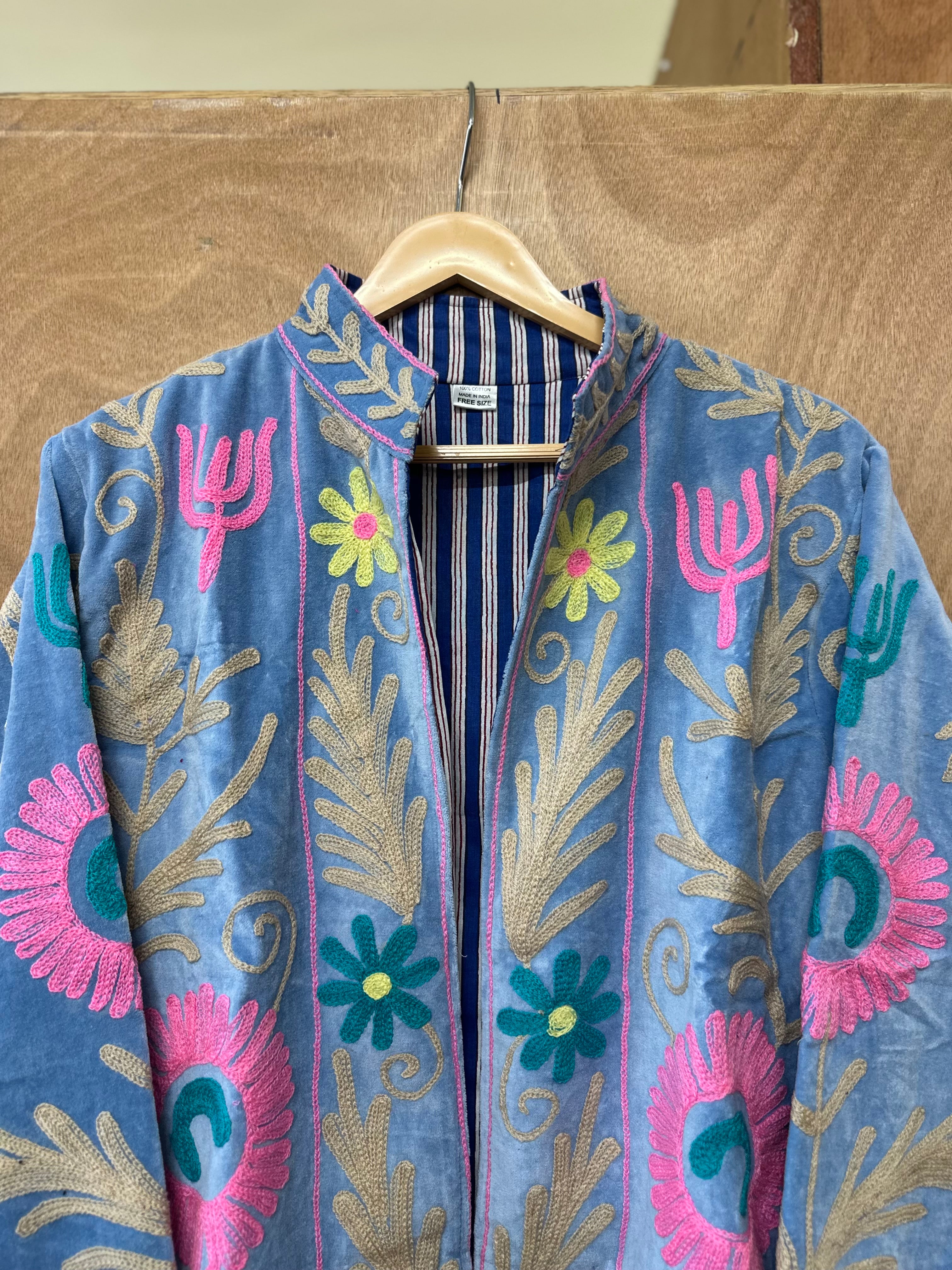 Powder Blue Embroidered Velvet Jacket