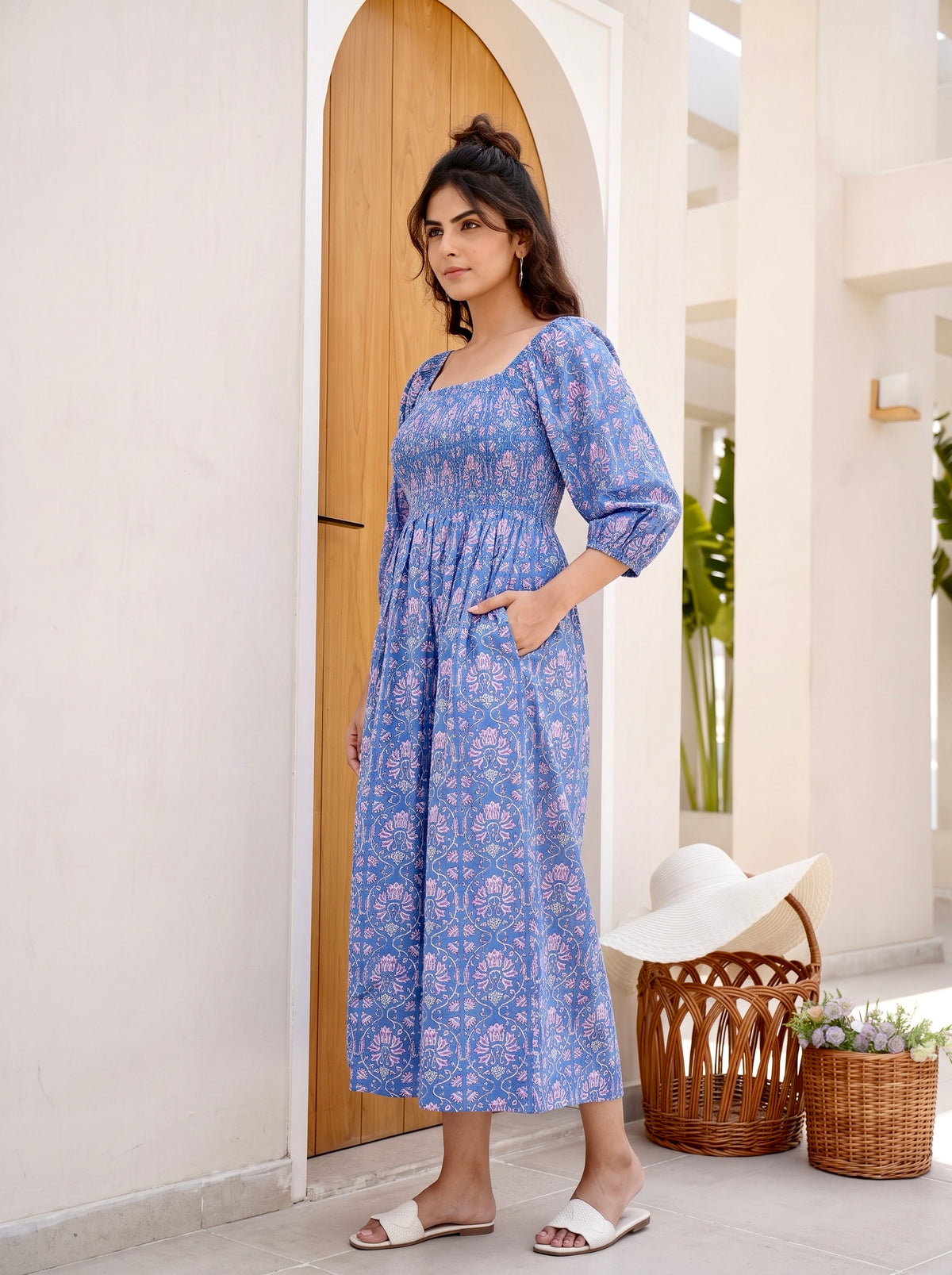 Periwinkle Bloom Smocked Midi Dress