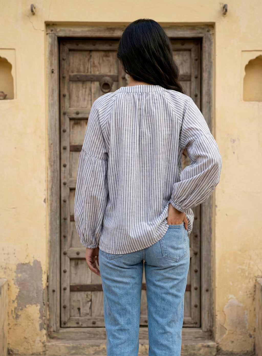 Soft Grey Stripe Relaxed Fit Cotton Top