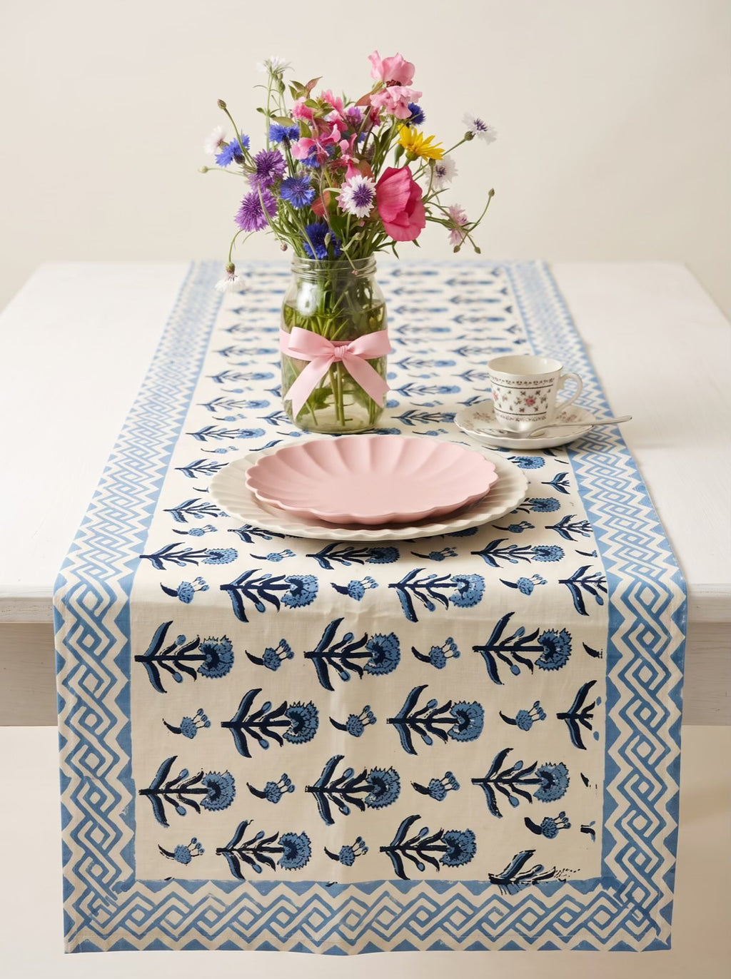 Blue Floral Buti Hand Block Print Table Runner
