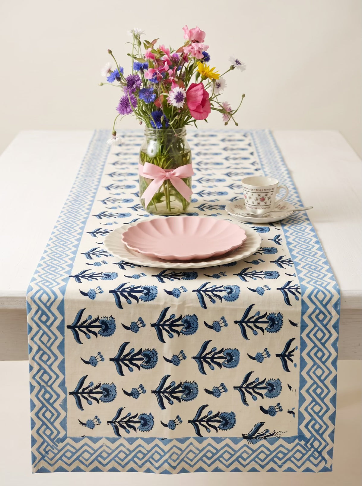 Blue Floral Buti Hand Block Print Table Runner