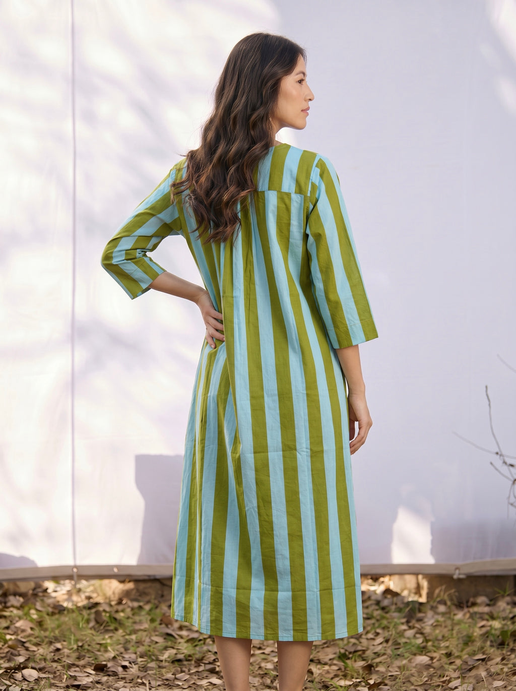 Olive Green & Sky Blue Stripe Cotton Dress