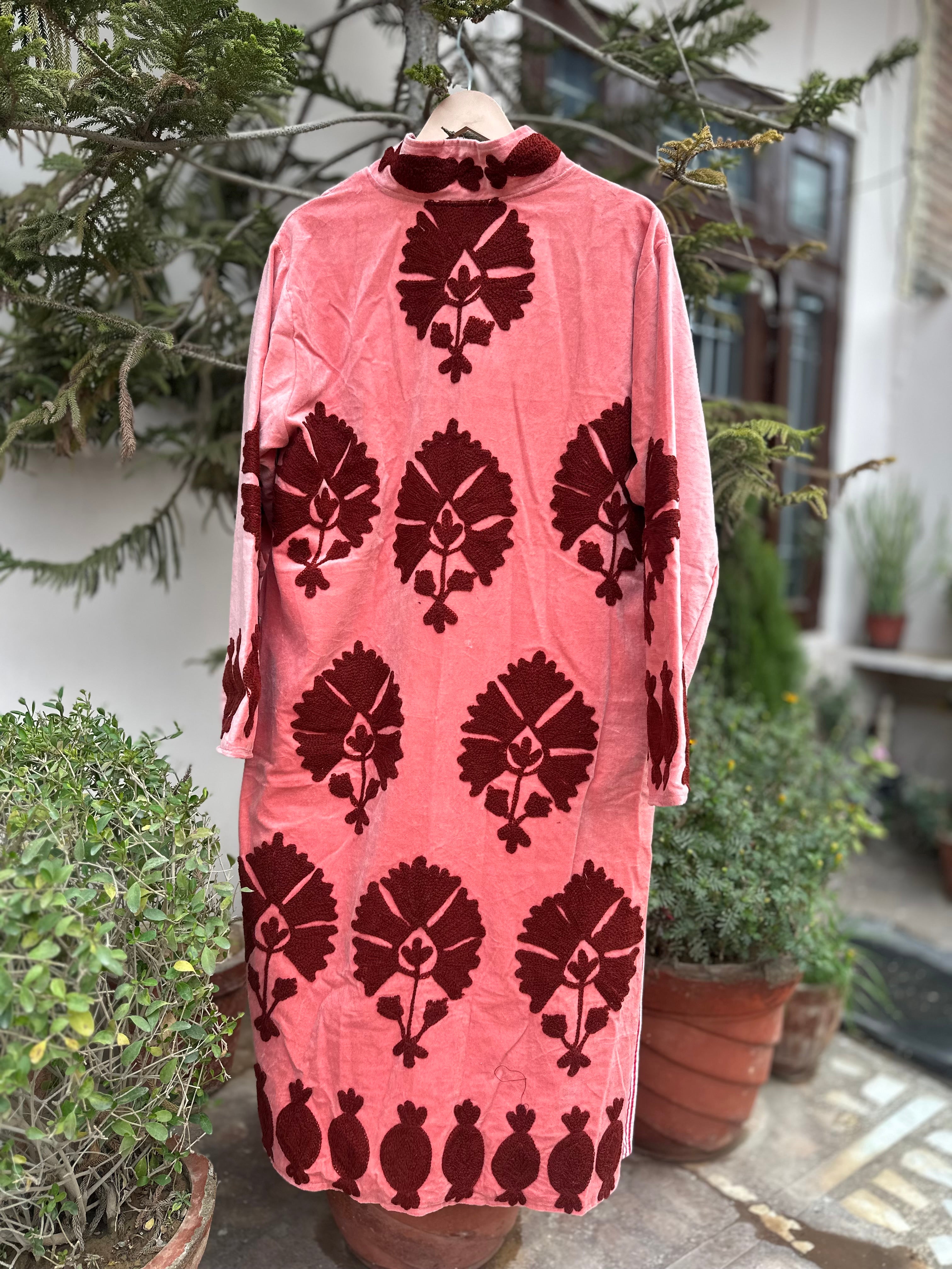 Pink Velvet Embroidered Long Jacket for Women