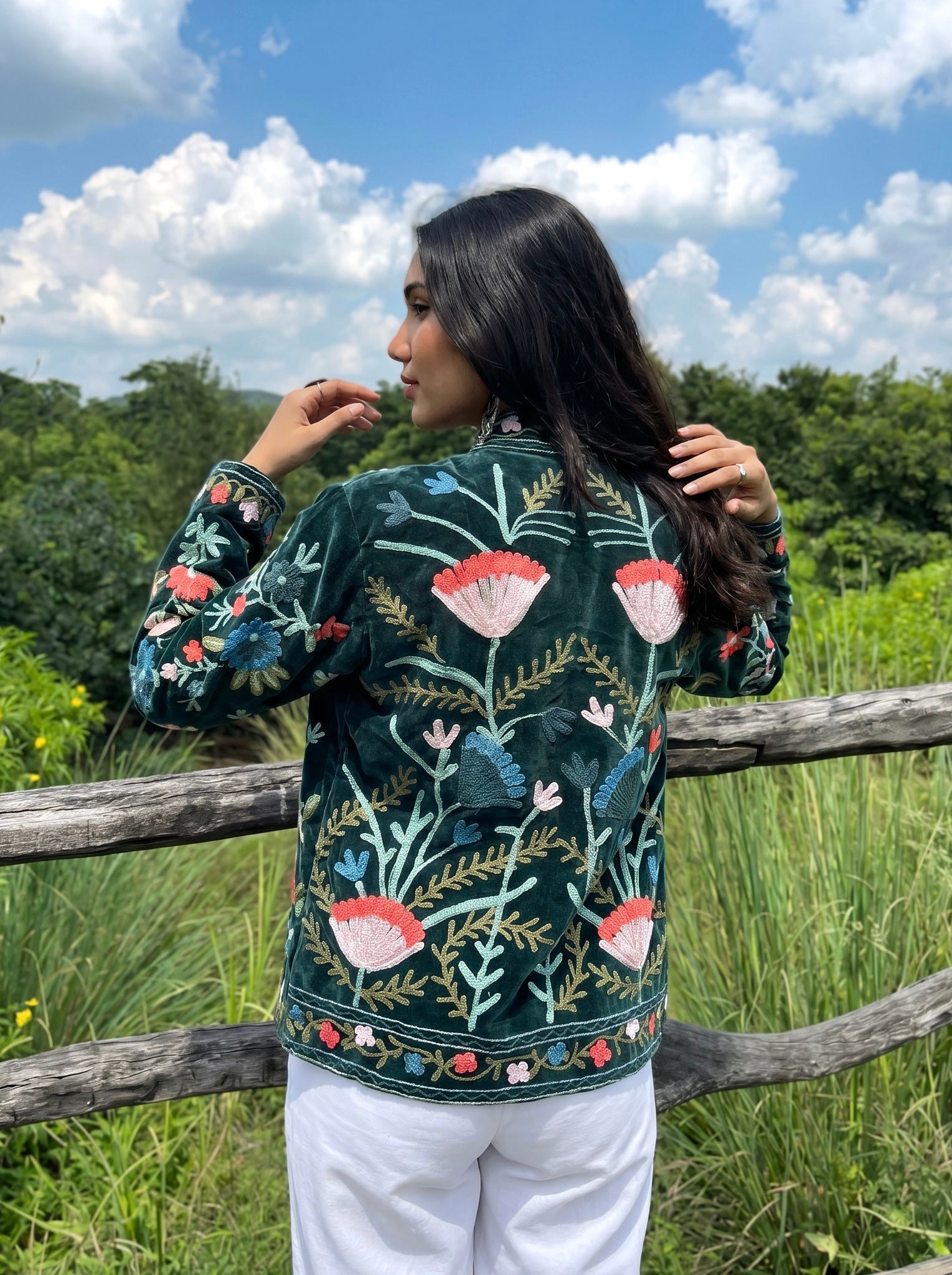 Dark Green Botanical Embroidered Velvet Jacket