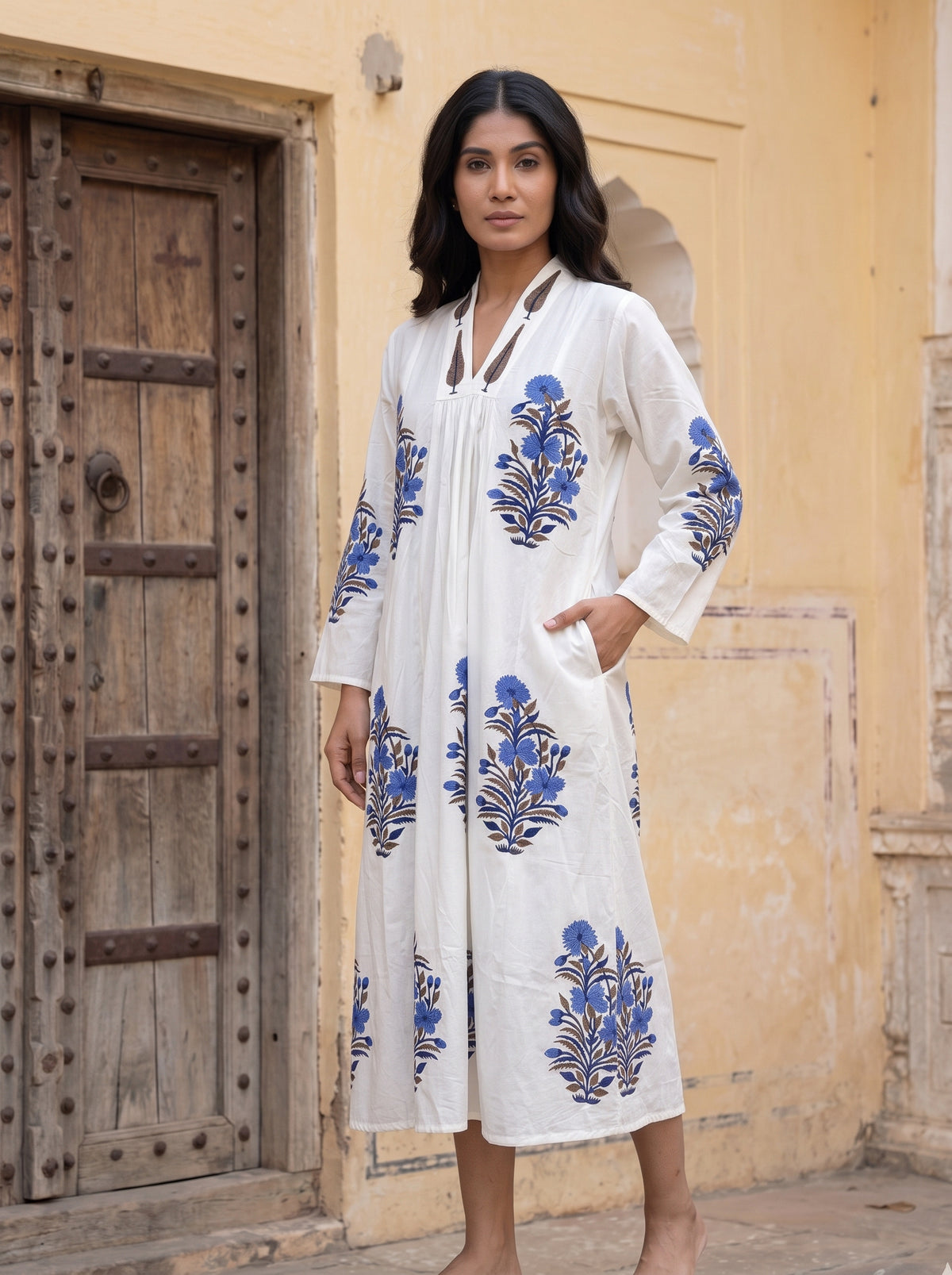 Blue Buta Hand Block Print Cotton Dress
