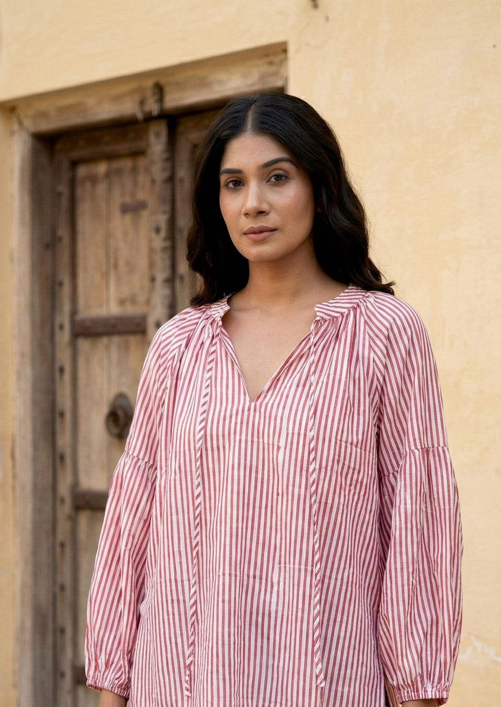 Pink Striped Cotton Top with Balloon Sleeves