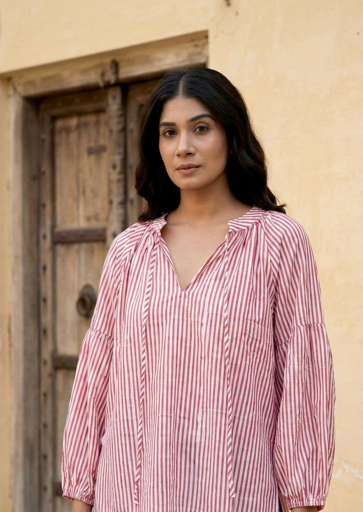 Pink Striped Cotton Top with Balloon Sleeves