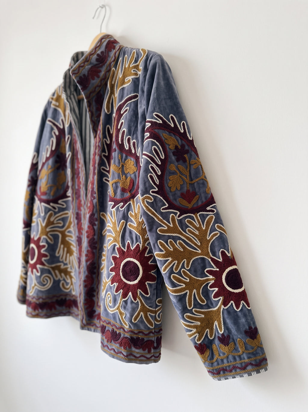 Dusty Blue Heritage Velvet Suzani Embroidered Jacket