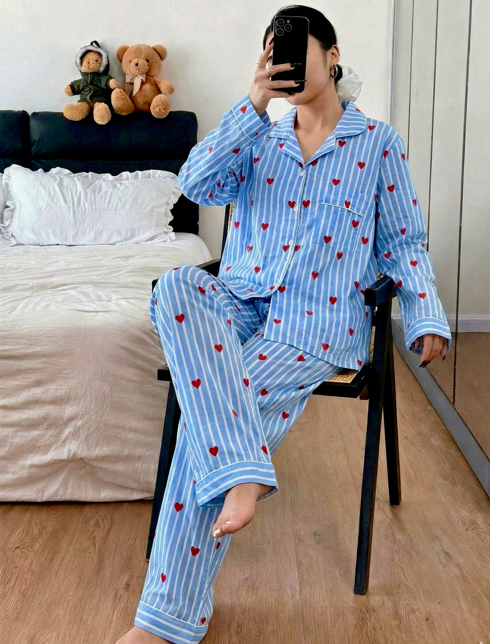 Sweetheart striped cotton Blue PJ set