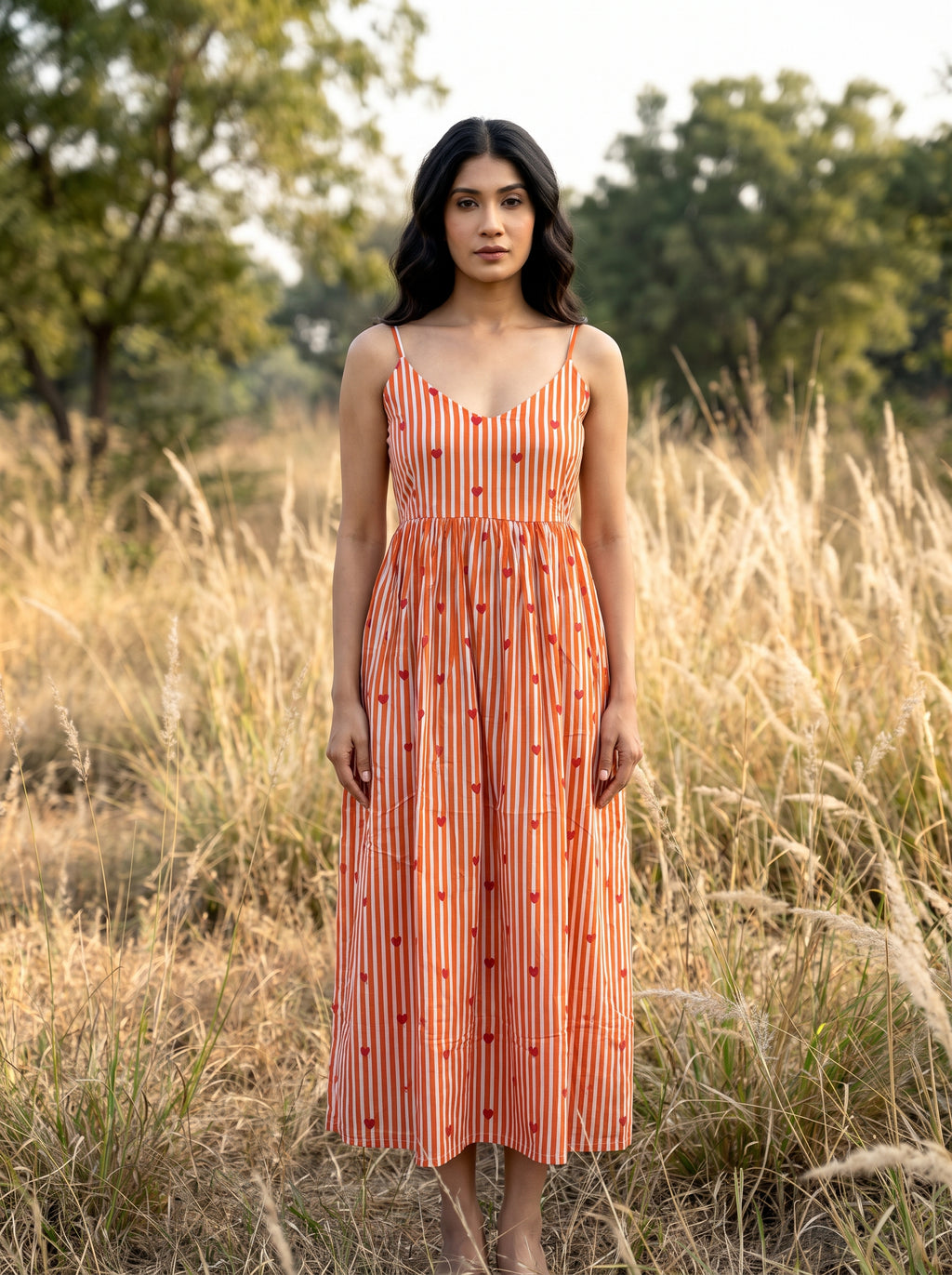 Orange Heart Stripe Maxi Dress