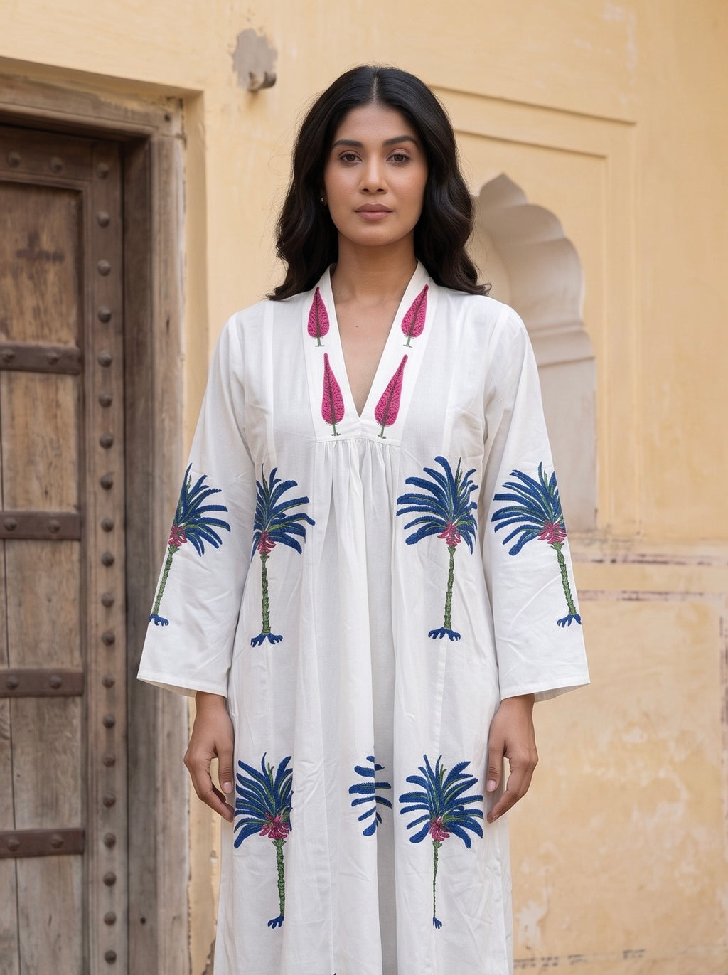 Blue Palm Hand Block Print Cotton Dress