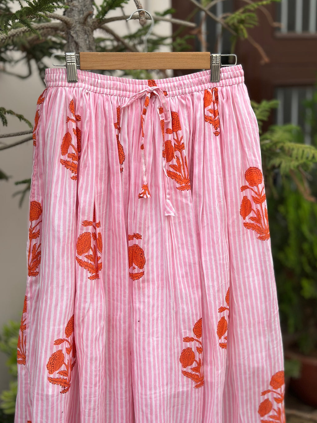 Pink Stripe Bloom Cotton Maxi Skirt