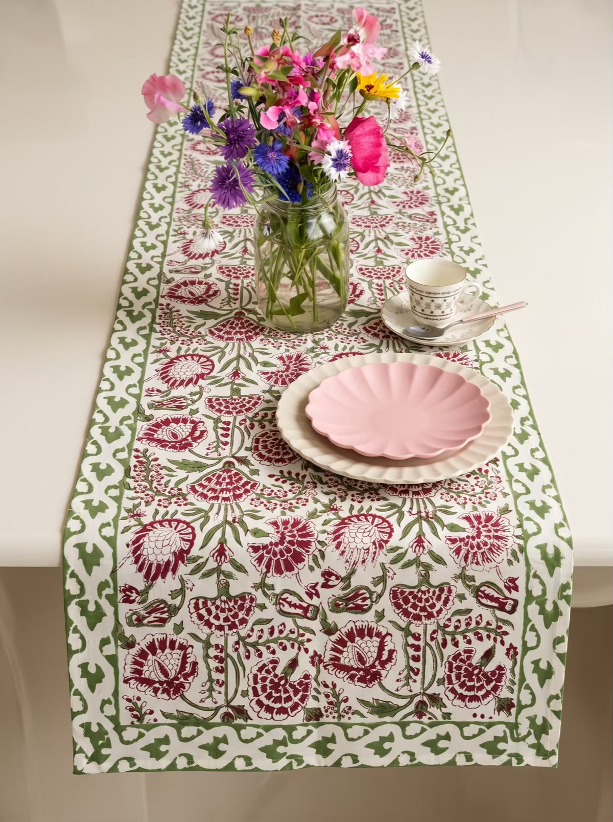 Maroon Floral Hand Block Print Table Runner