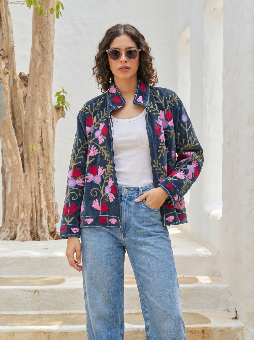 Navy Blossom Embroidered Velvet Jacket