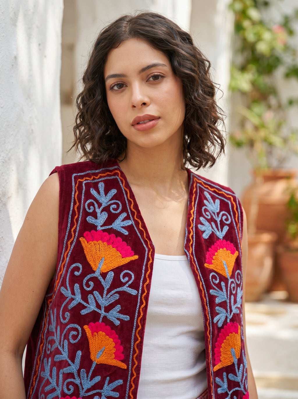 Red Sunset Bloom Embroidered Velvet Vest