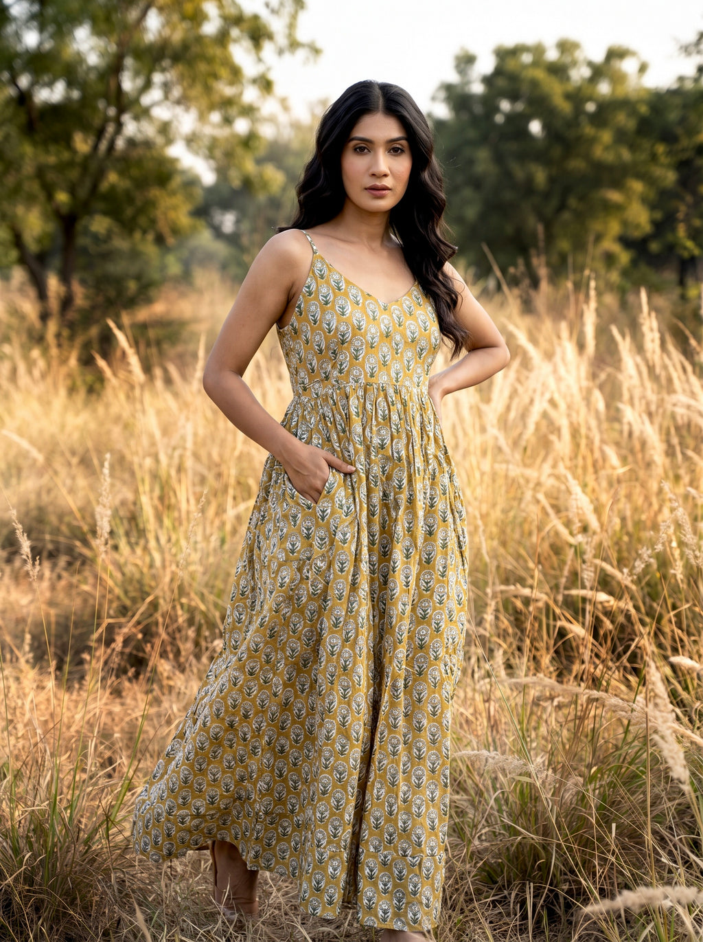 Mustard Floral Cotton Maxi Dress