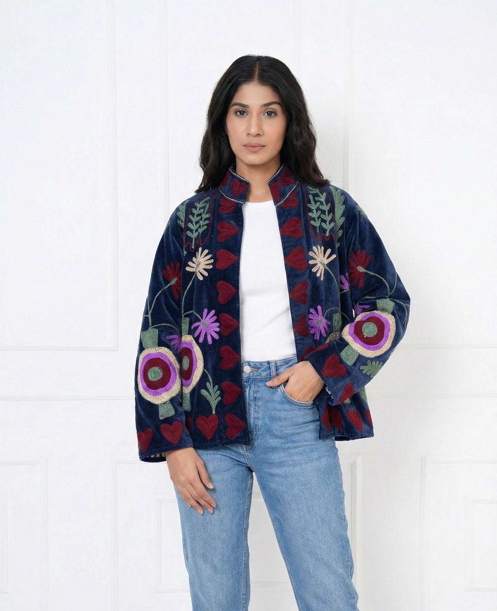 Suzani Embroidered Velvet Jacket With Heart and floral motifs