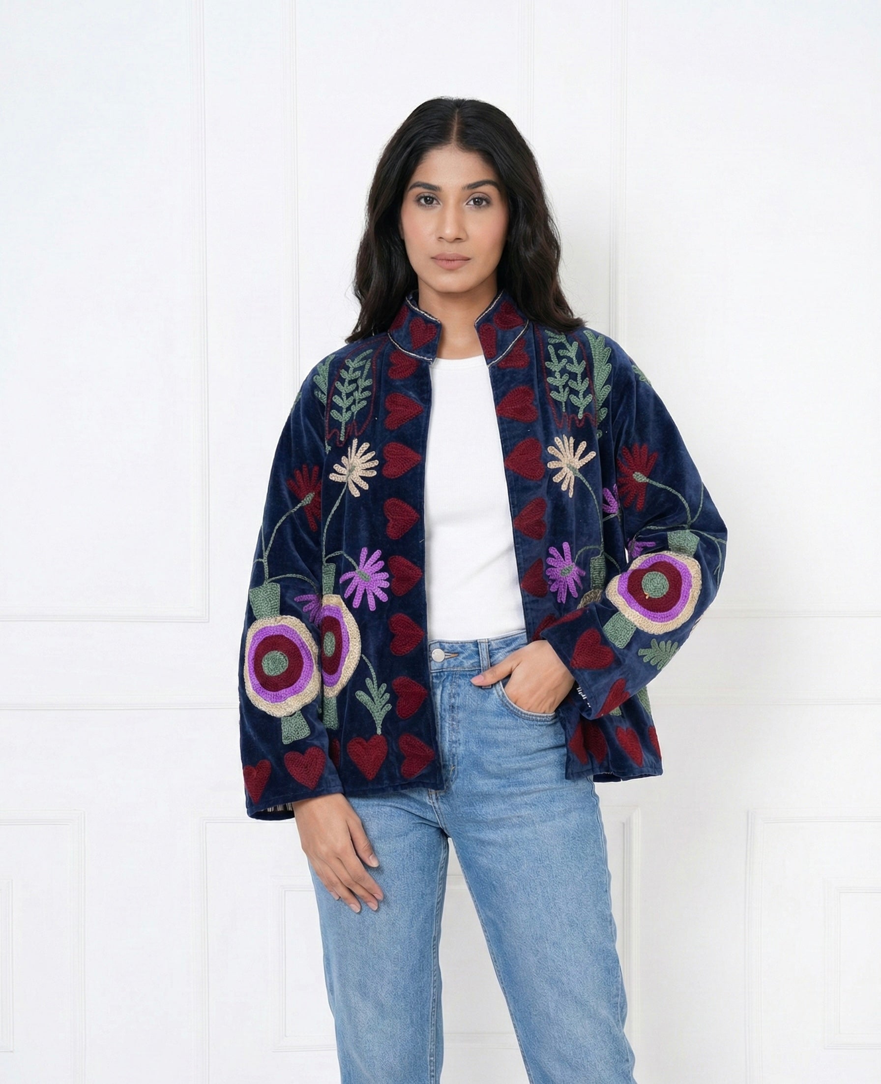 Suzani Embroidered Velvet Jacket With Heart and floral motifs