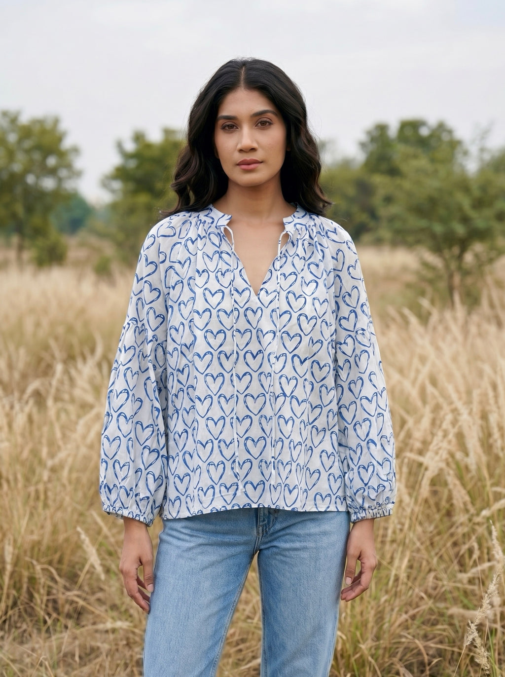 Blue Heart Print Blouse