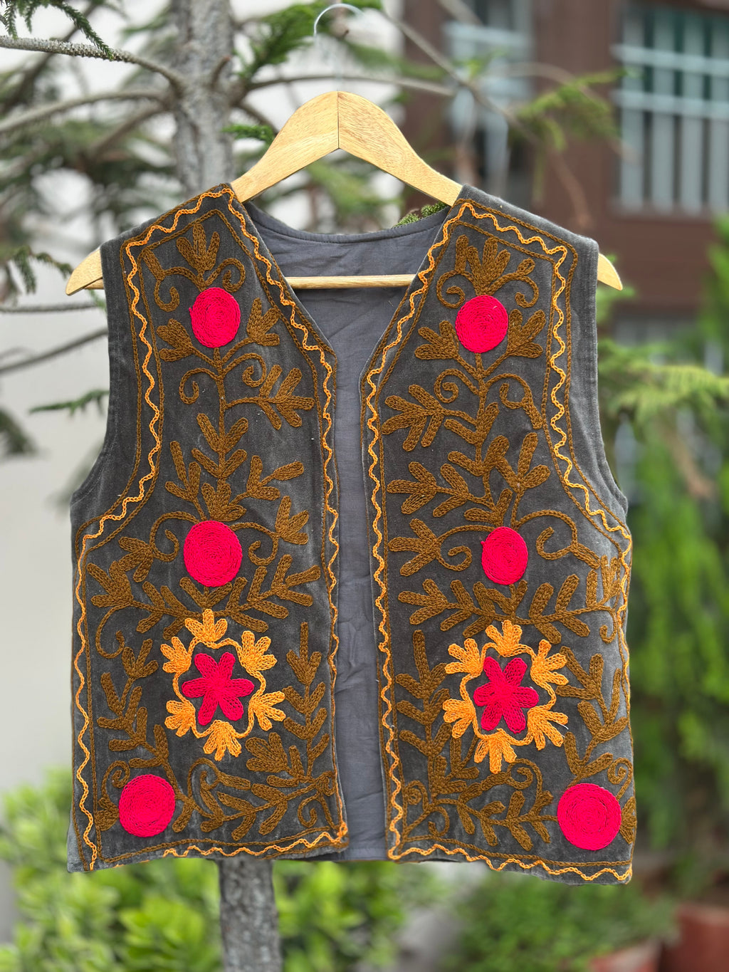 Charcoal Floral Embroidered Velvet Vest
