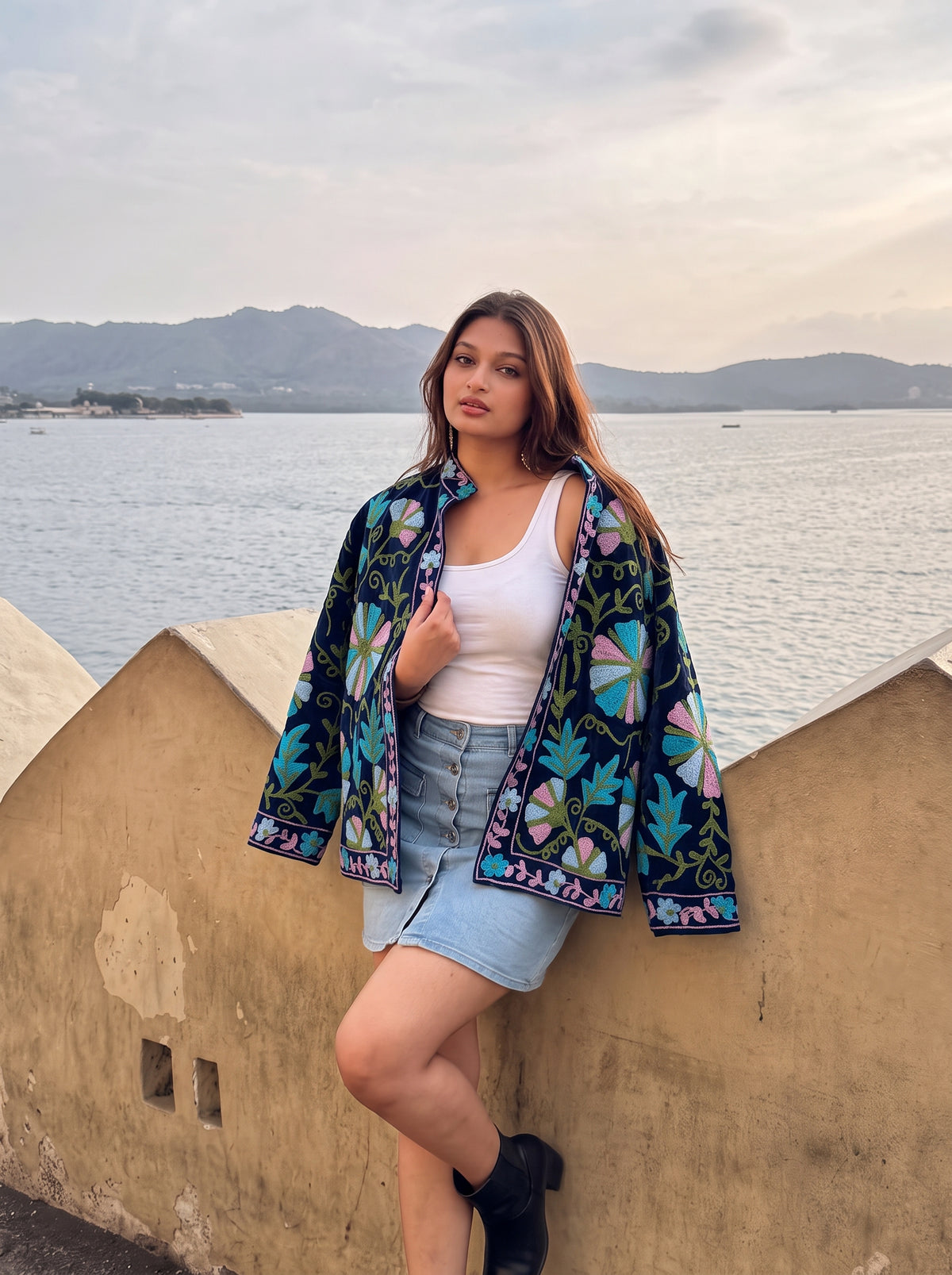 Navy Botanical Embroidered Velvet Suzani Jacket