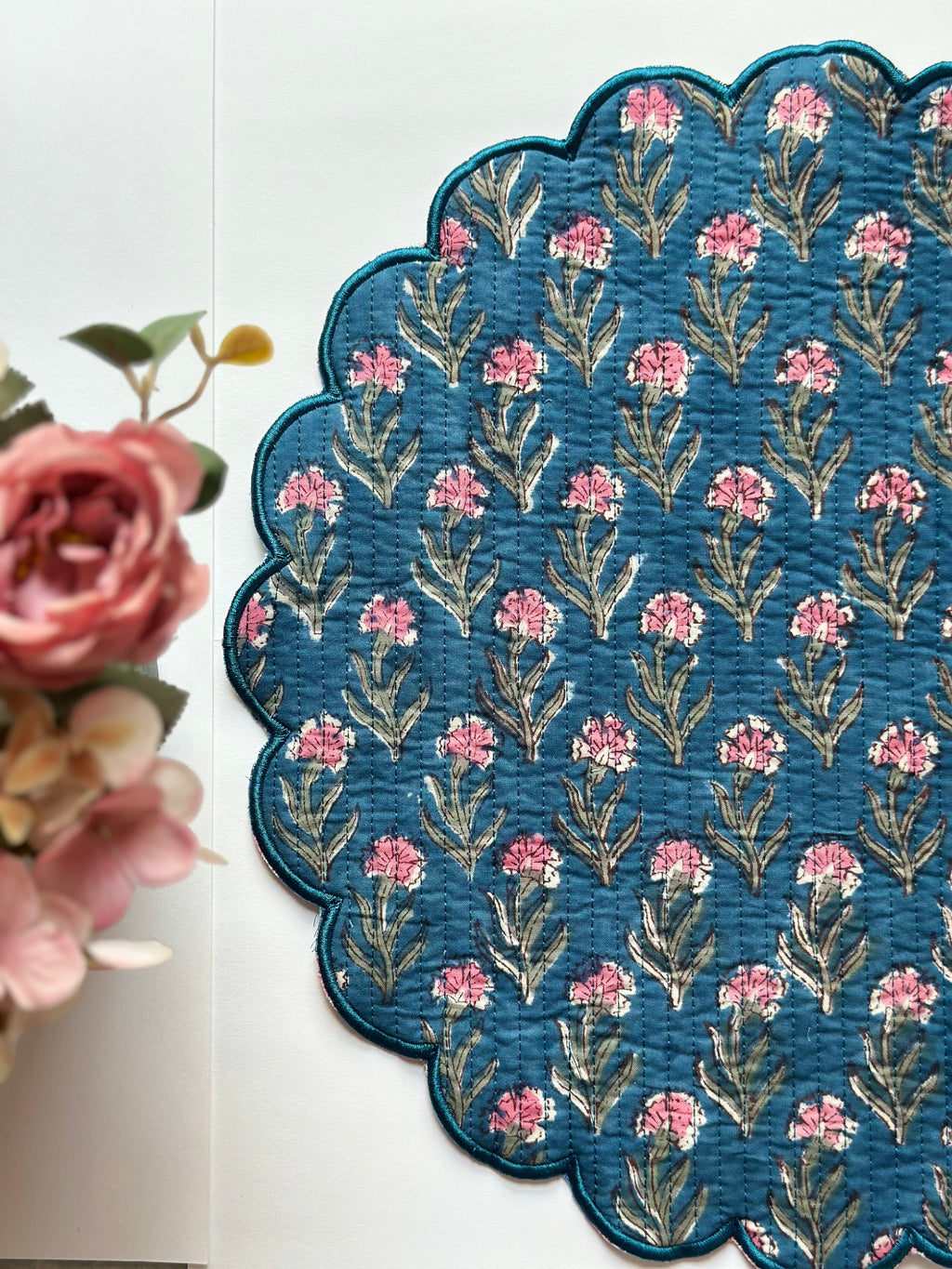 Teal Sweetheart Carnation Quilted Placemat Set of 6