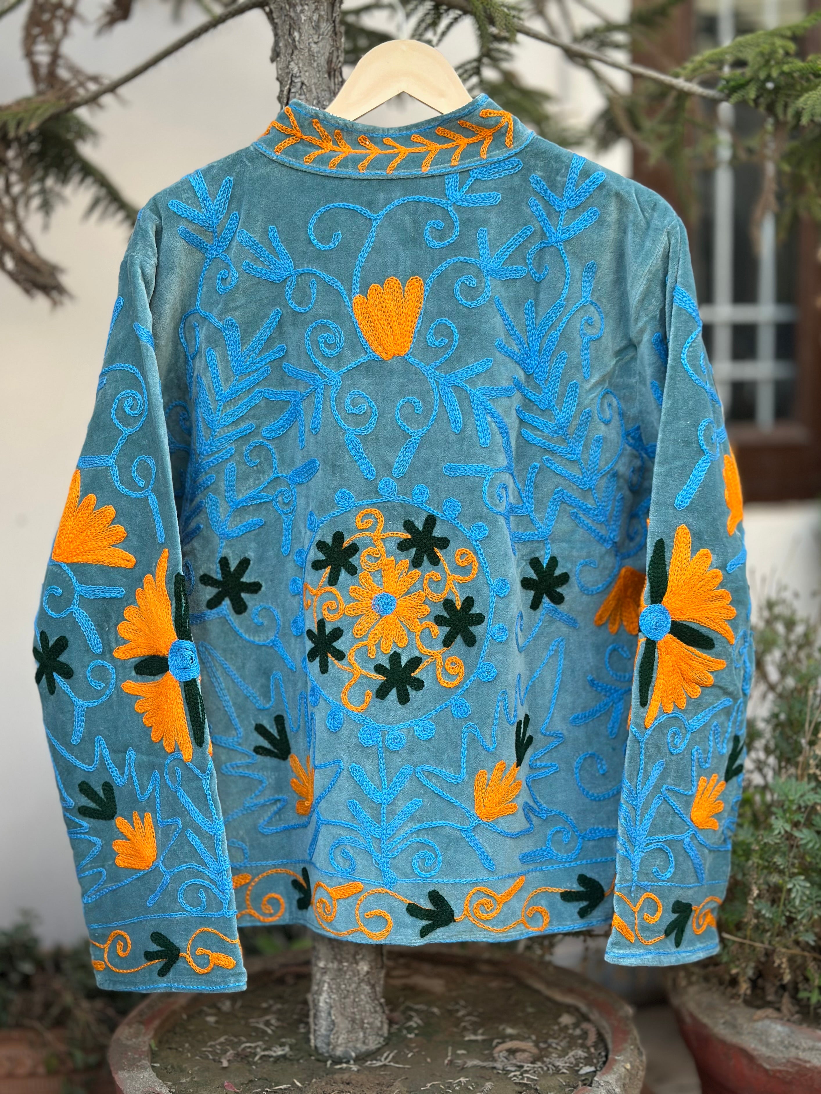 Azure Bloom Embroidered Velvet Jacket