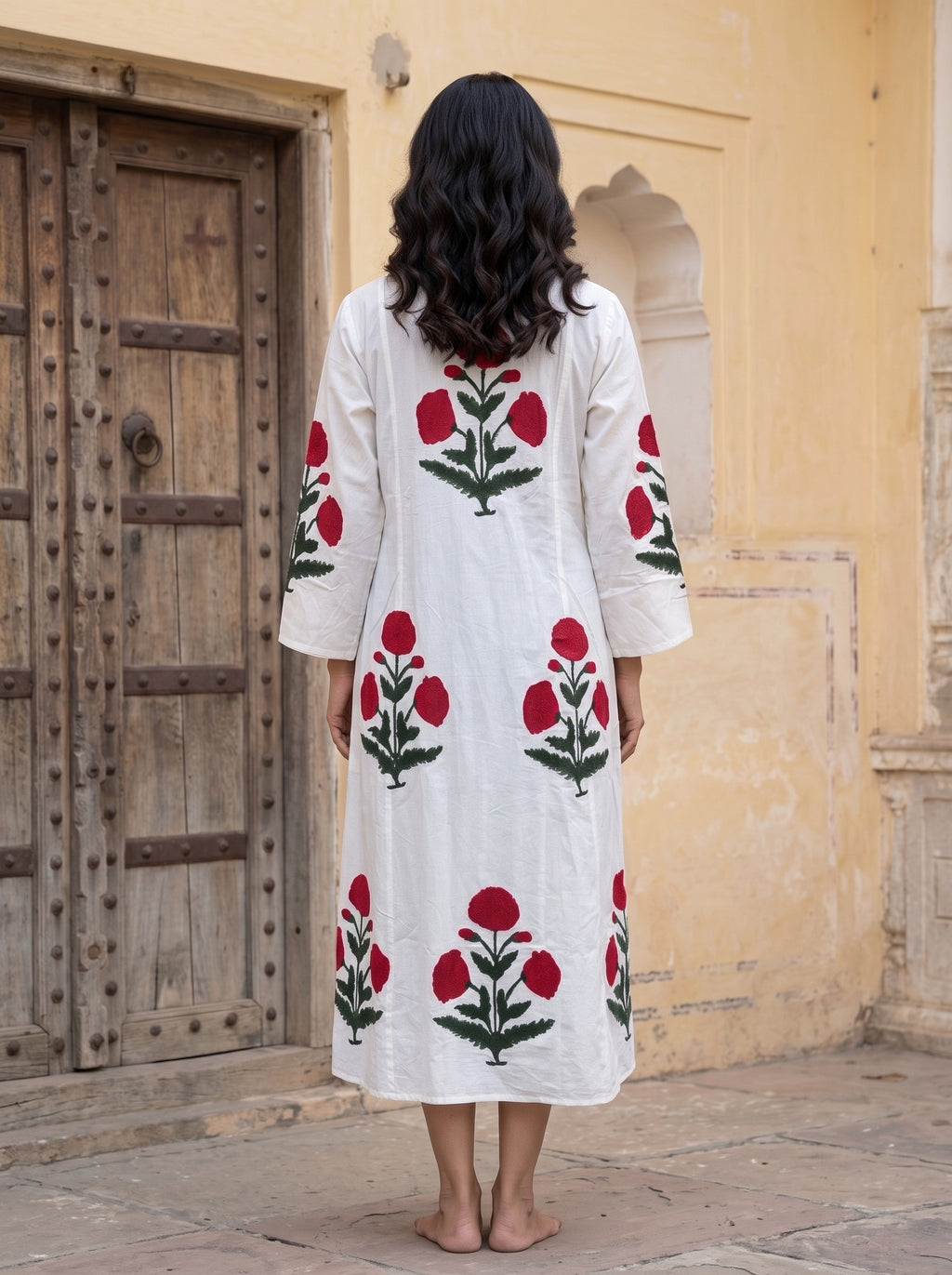 Red Poppy Hand Block Print Cotton Dress