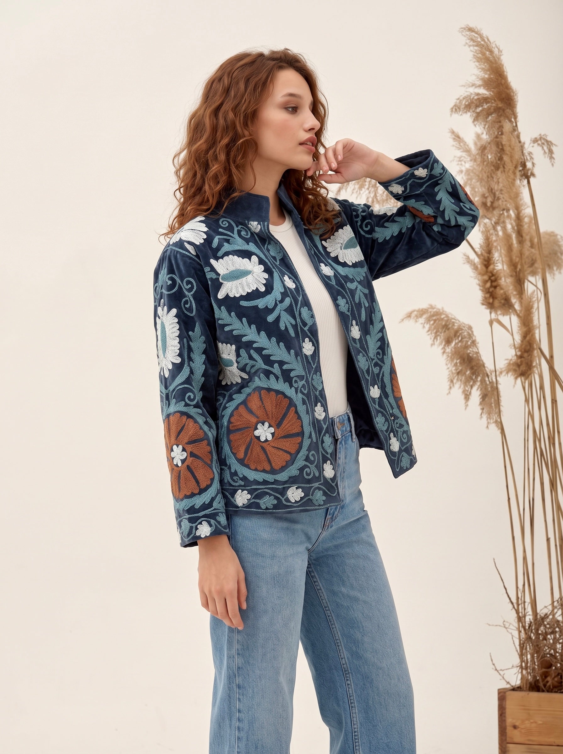 Navy Blue Embroidered Velvet Jacket