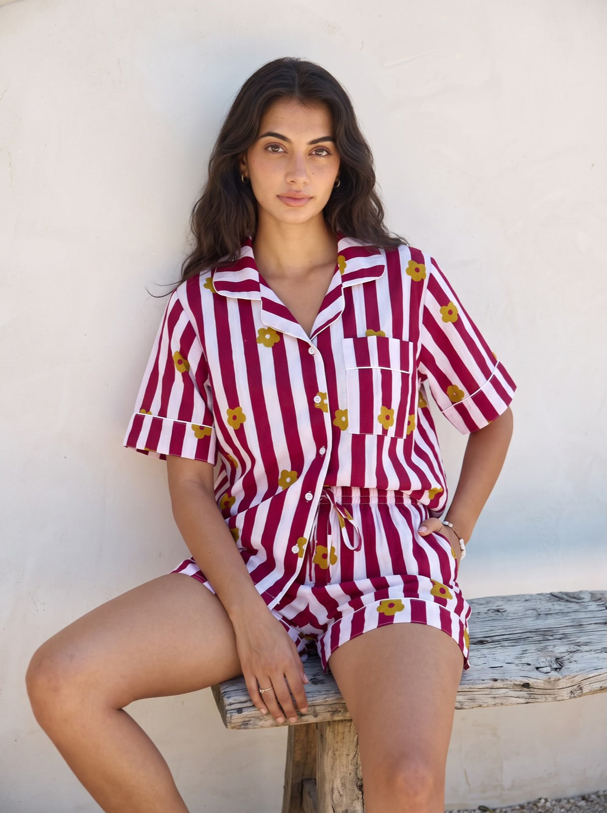Burgundy Flower Stripe Pajama Set