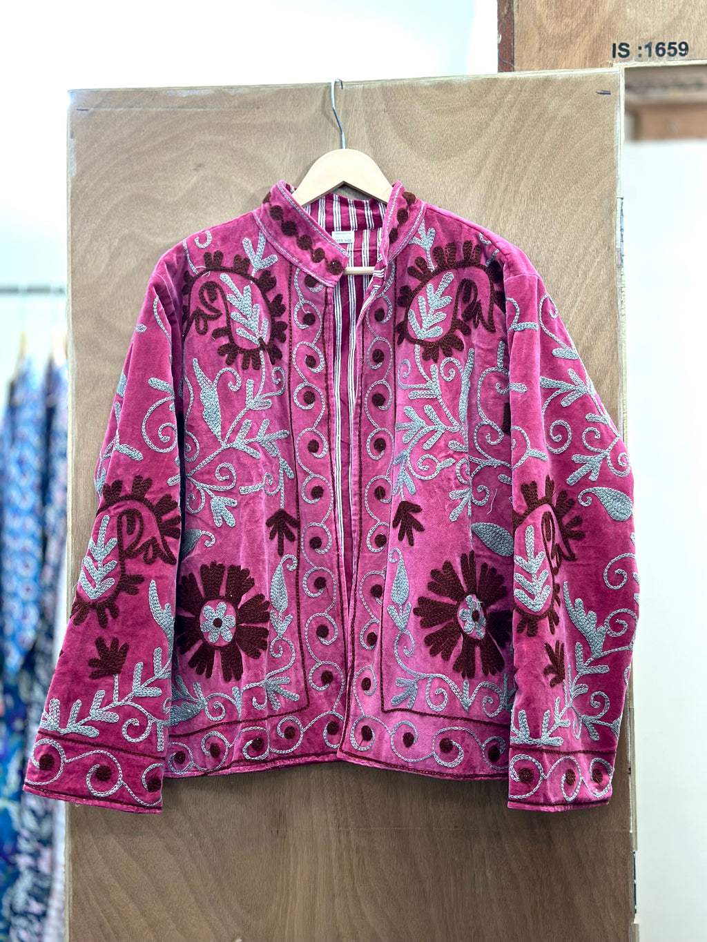 Vintage-Inspired Rose Pink Velvet Suzani Embroidered Jacket
