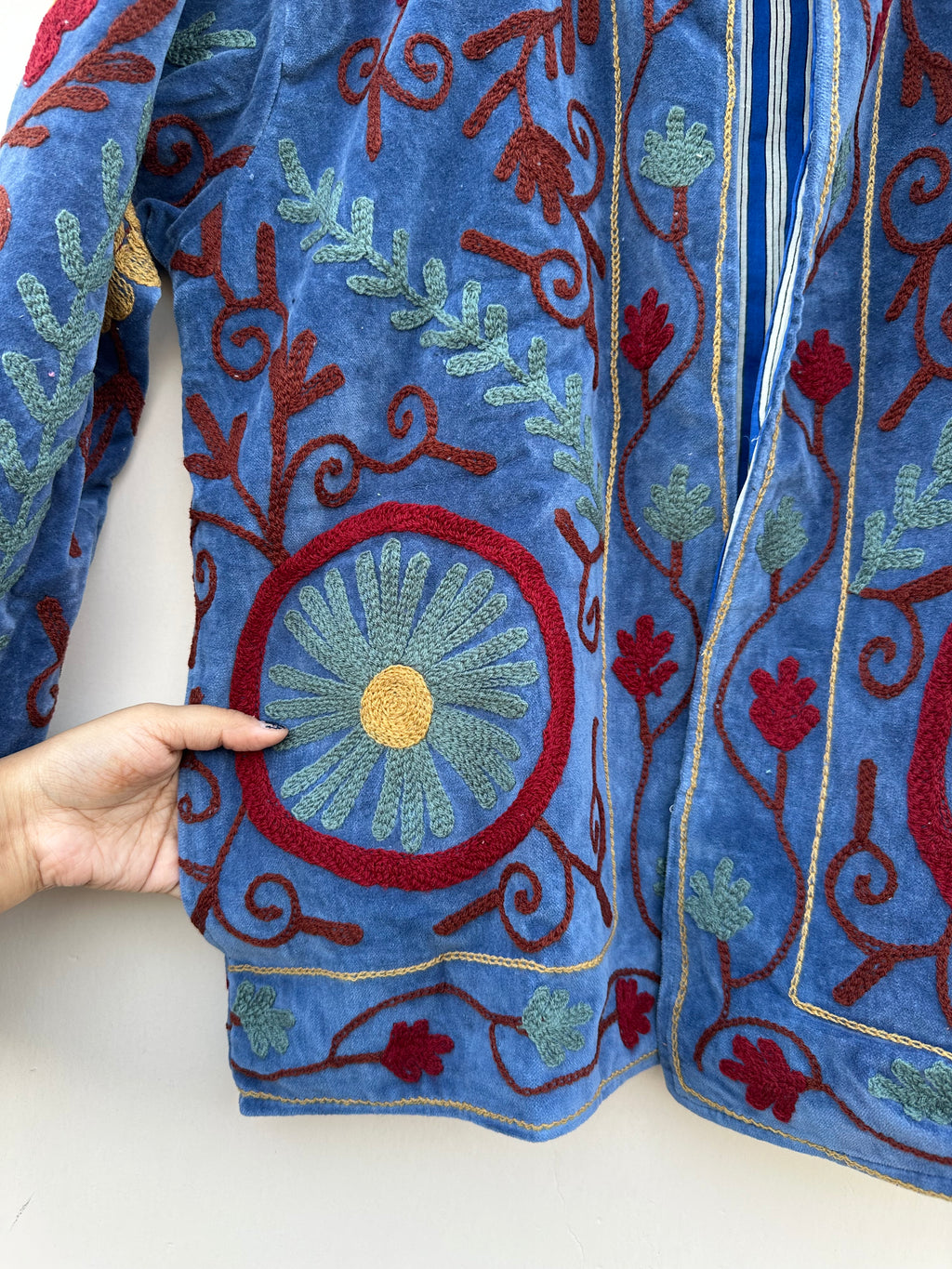 Blue Floral Embroidered Velvet Jacket