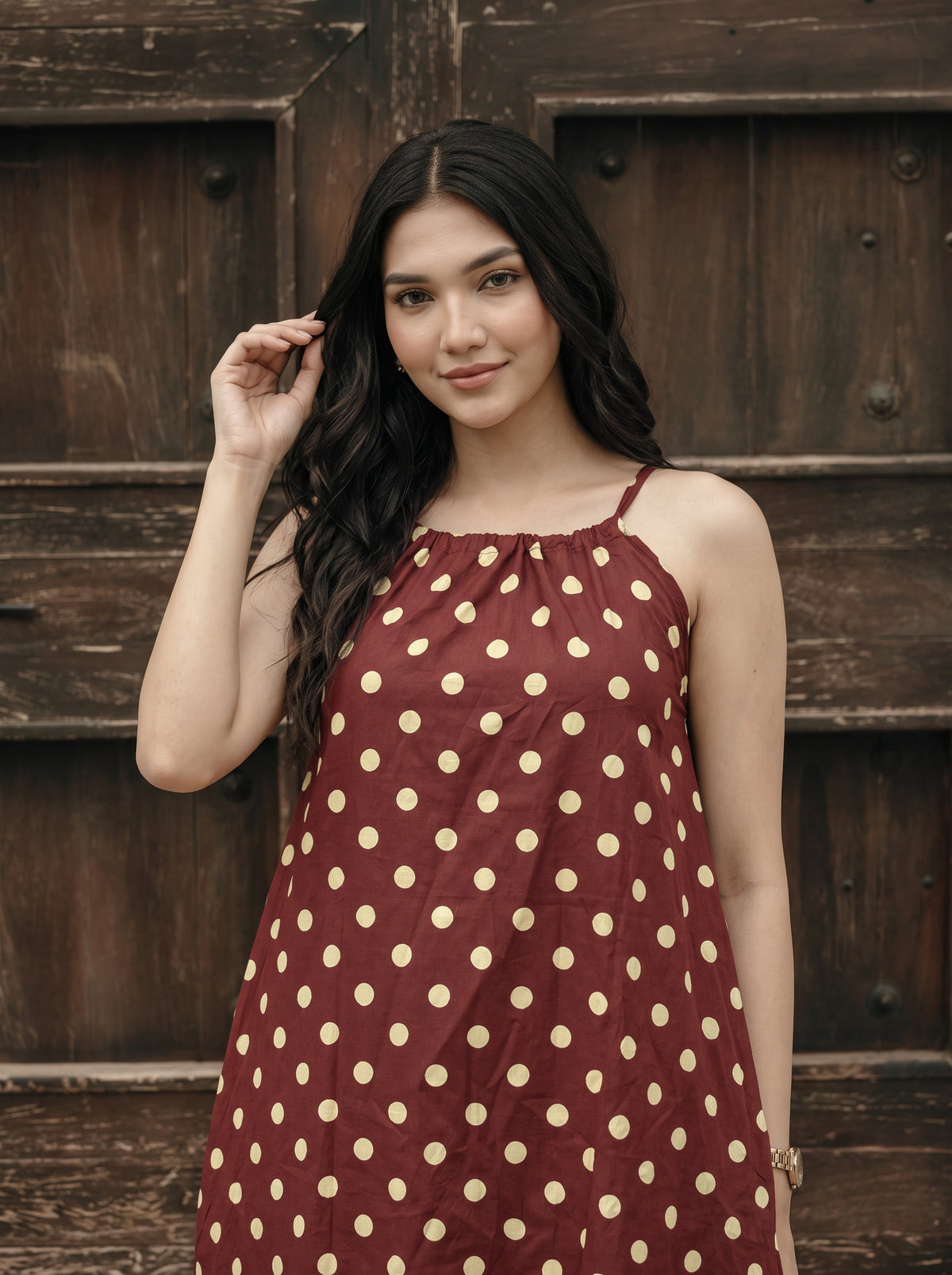 Maroon Polka Dot Cotton Midi Dress
