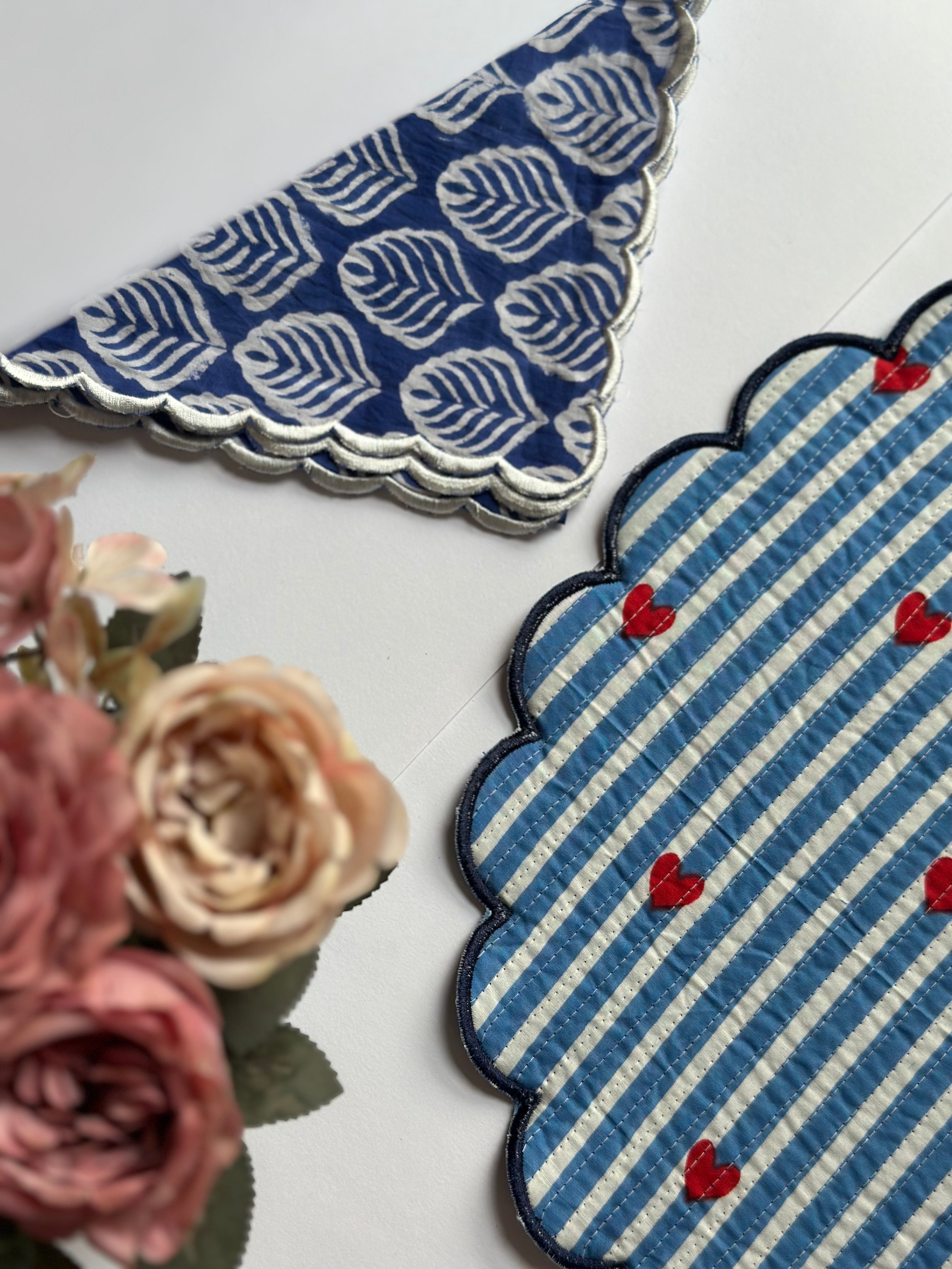 Indigo Leaf Quilted Placemats & Napkin Set of 6