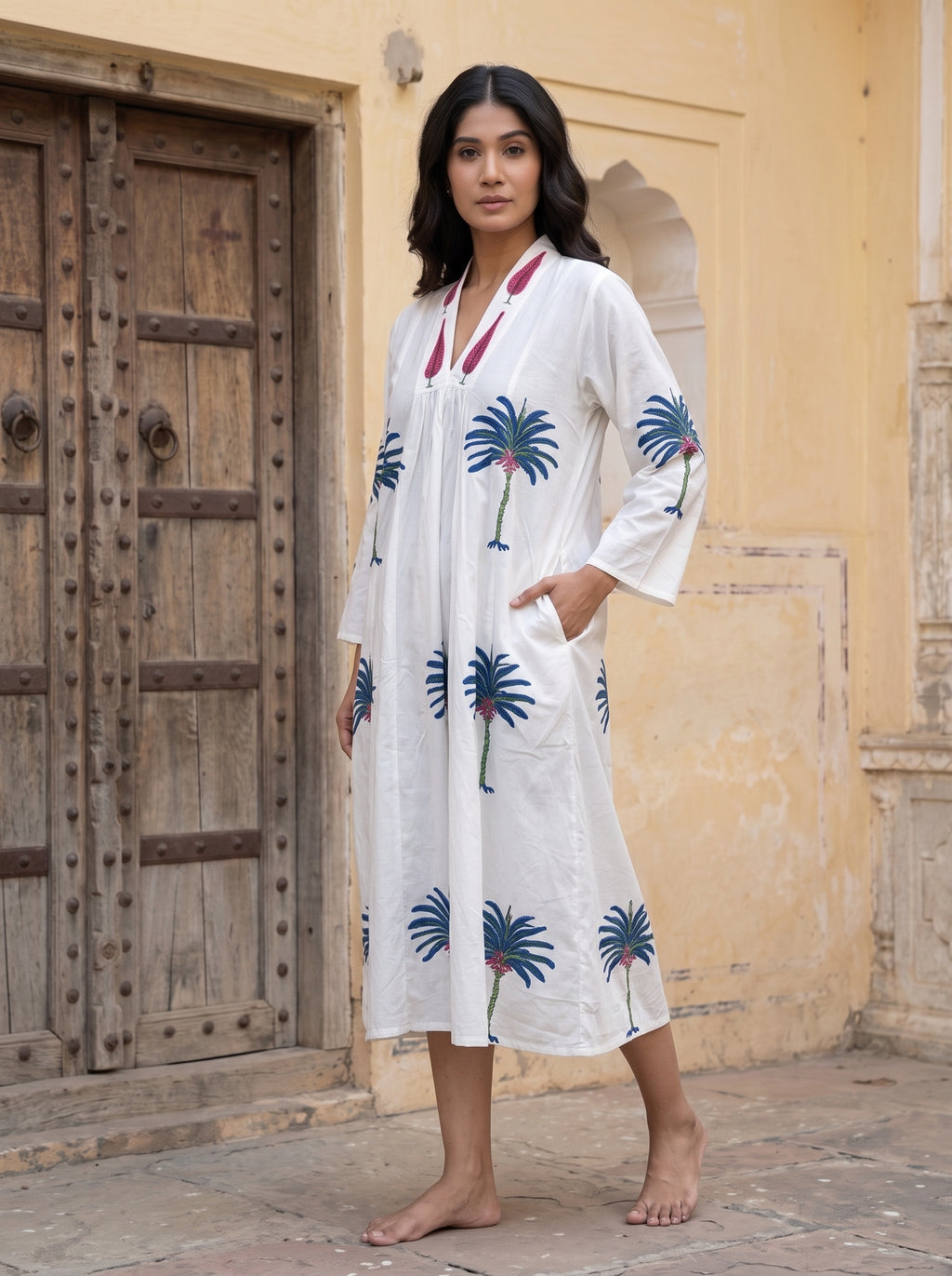 Blue Palm Hand Block Print Cotton Dress